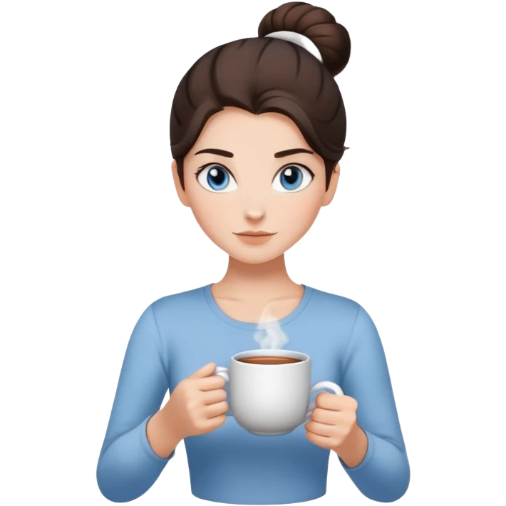 With her dark brown hair pulled back in a bun, and captivating grey-blue eyes, the girl holds a mug of tea, the steam rising like a gentle promise of warmth, clad in a simple white t-shirt.  emoji