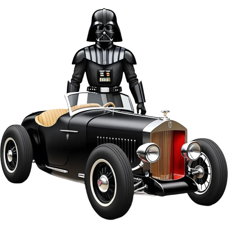 Wednesday Adam’s Blood stained Satanic Darth Vader black Bare bones (channeled cowl) drag racing and speed record modified (fenders removed) chopped streamlined sporty roadster that is a (stripped down) hot street rodded engine sports car 1952 Rolls Royce Woody futuristic  wide racing wheels emoji