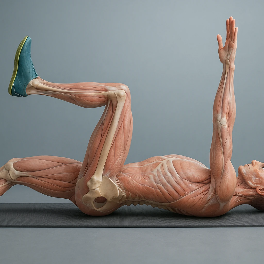 Edit the image of a man in dead bug position, side view, hyperrealistic anatomical 4K version: the arm on the ground is fully extended above the head, pelvis and spine bones visible, translucent muscles and skin, medical atmosphere, realistic anatomical details. Variant 6, slightly change the position of the hands. emoji