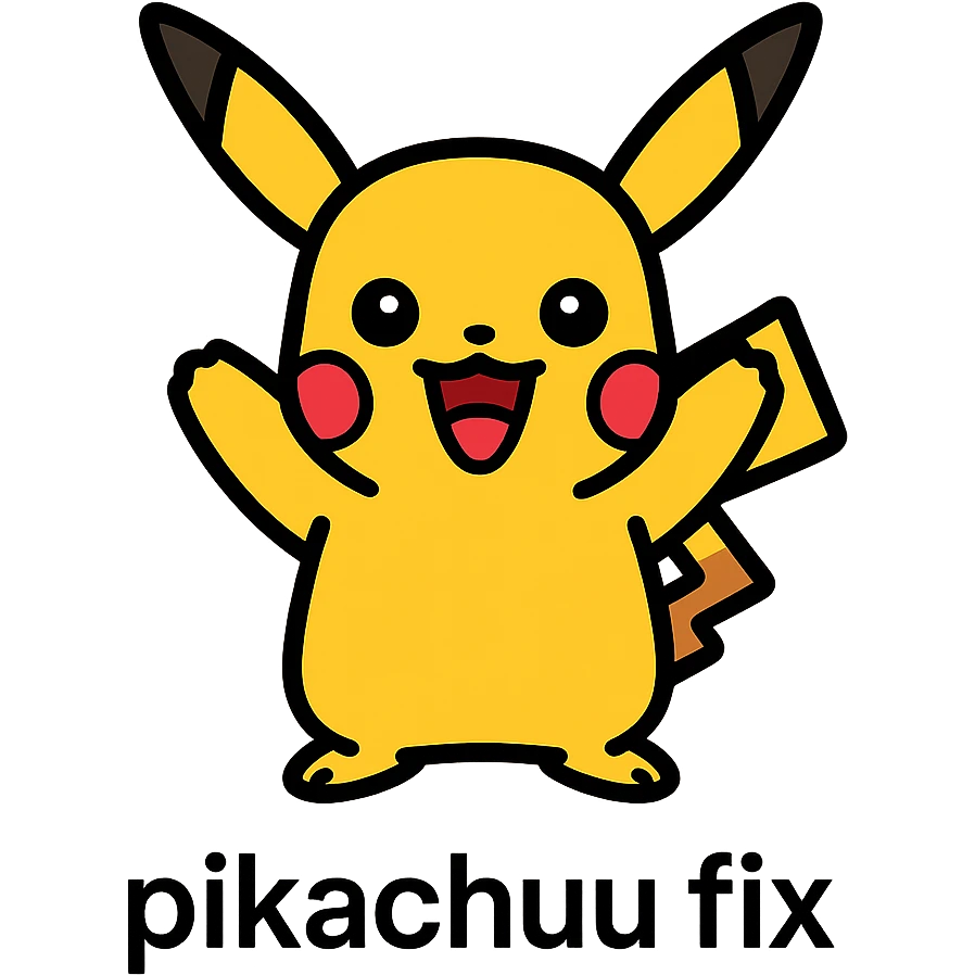 Pikachu character, cute and energetic emoji with text 'pikachuu fix' below, colorful, lineal color icon style emoji