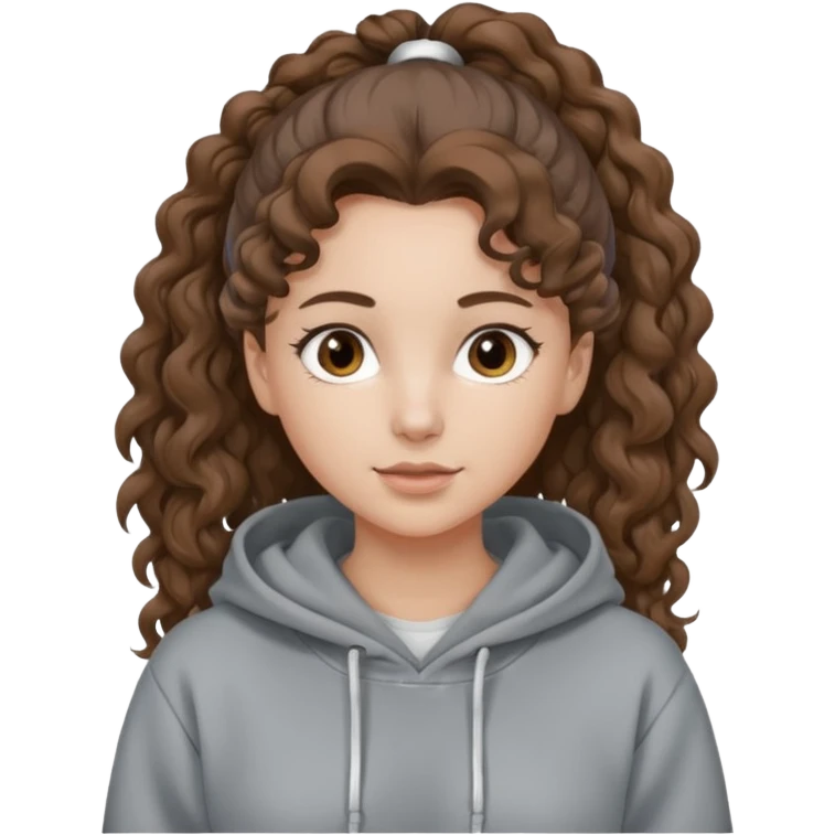 Woman, curly brown hair, hoodie, white pony tail emoji