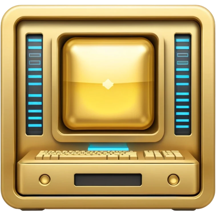 direct frontview golden ancient computer server with holograms emoji