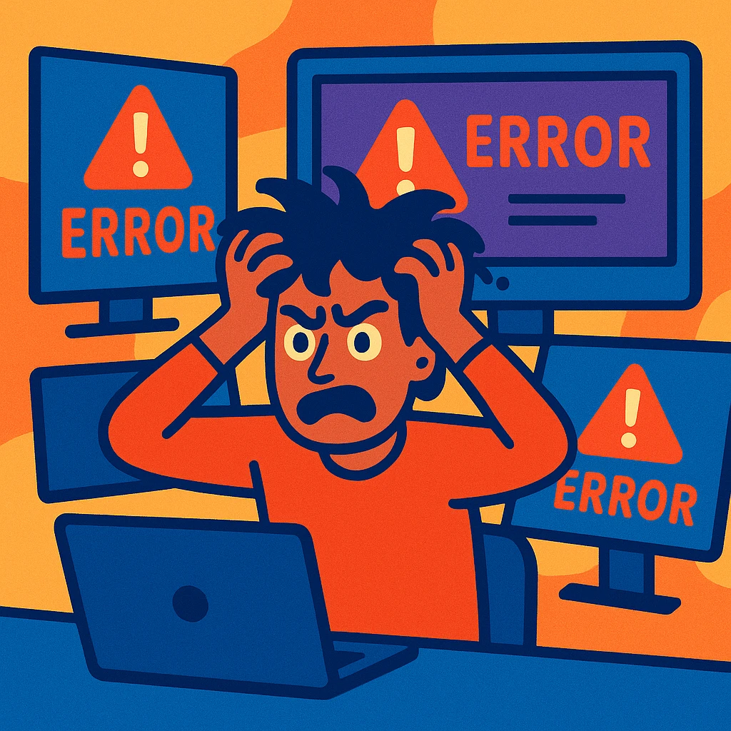 frustrated developer at work surrounded by error messages on screens pulling at hair stylized illustration emoji