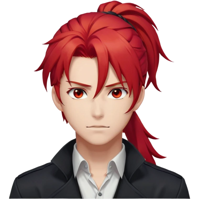 Handsome gorgeous anime man with bright-red hair, thick long ponytail, red eyes, white shirt, black jacket, stone face, Diluc from Genshin Impact emoji