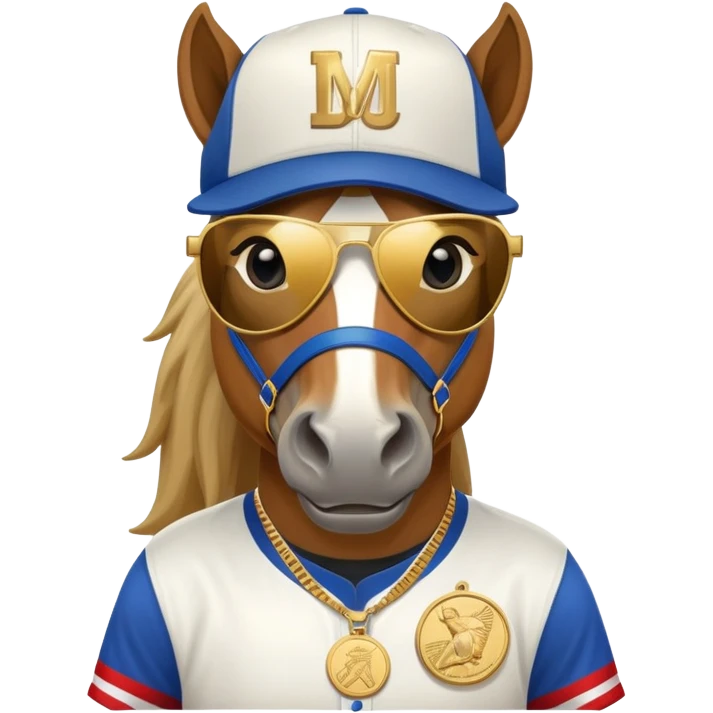 friendly anthropomorphised horse in RUN DMC style outfit, gold medal, baseball hat, sunglasses emoji