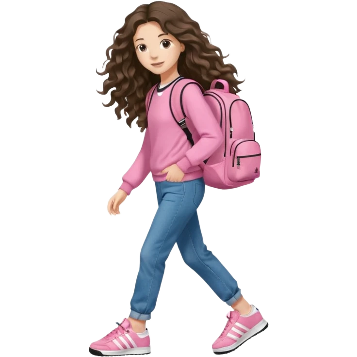 aestethic brunette very,very,very long wavy hair walking with a school backpack (no brand) with a cute jeans, pink sweat, adidas samba shoes emoji