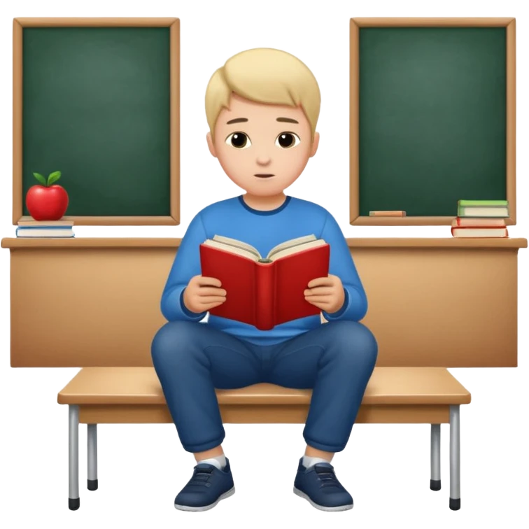 Boy  sitting at school reading with his back to the camera emoji