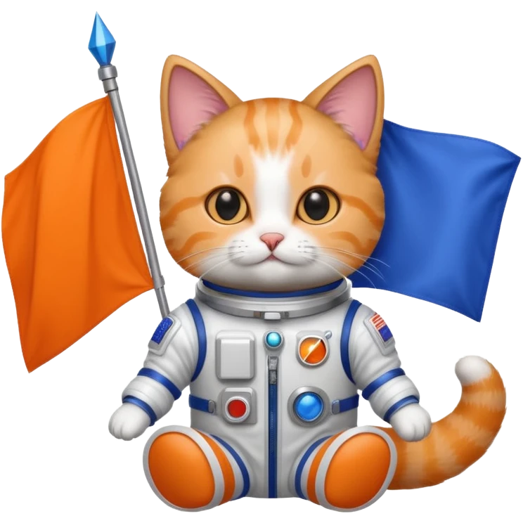 a cat in space suit, holding blue rectangle flag emoji