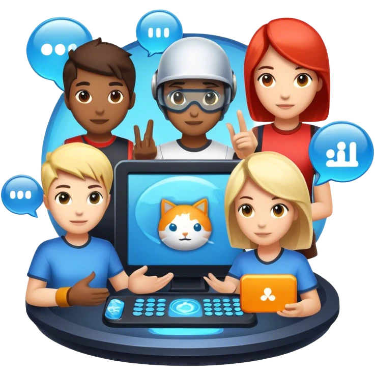 An icon representing multiplayer gaming, featuring a digital arena where diverse characters compete or cooperate. Avatars, chat bubbles, and team icons symbolize online interaction. A game HUD displays player stats, emphasizing teamwork and rivalry. Transparent background. emoji