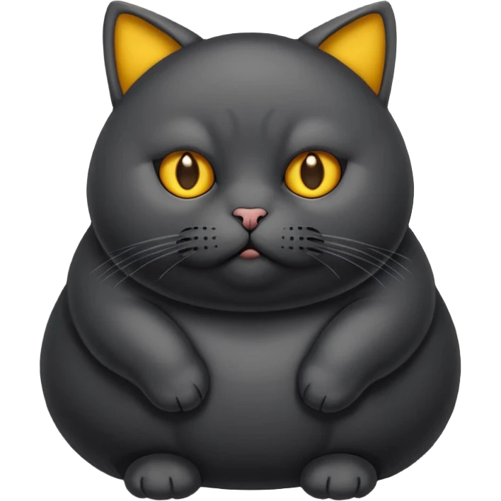 Un gato negro gordito con los ojos de color amarillos sentado emoji