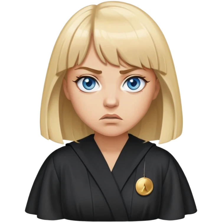 Angry with blue eyes, blonde hair with bangs, circles under her eyes from being tired in a black judges robe emoji