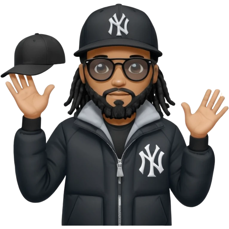 African American man with shoulder length black dreadlocks with black beard wearing black sunglasses wearing a black New York Yankees logo baseball cap wearing a black bubble winter coat with hands out with both palms facing down emoji