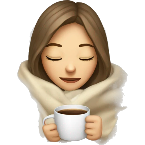 White girl inside a blanket sipping coffe eyes closed emoji