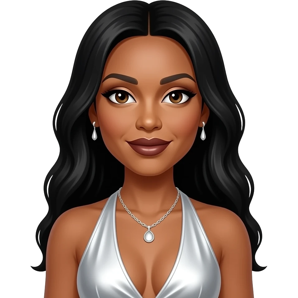 Toni Braxton with dark brown eyes, long black hair, white eyeshadow, dark brown lipstick, white metallic halter dress, silver necklace and earrings emoji