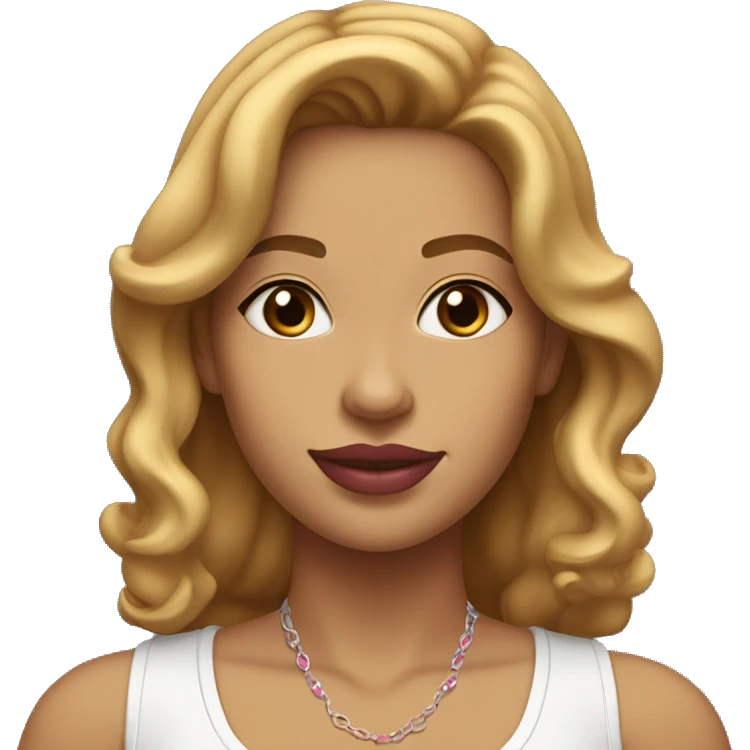 woman with wavy, medium-length honey blonde hair with highlights. She has a round face, light brown skin, thick arched eyebrows, dark brown eyes, and pink lipstick. She wears a white T-shirt, a delicate necklace, and small earrings.  emoji