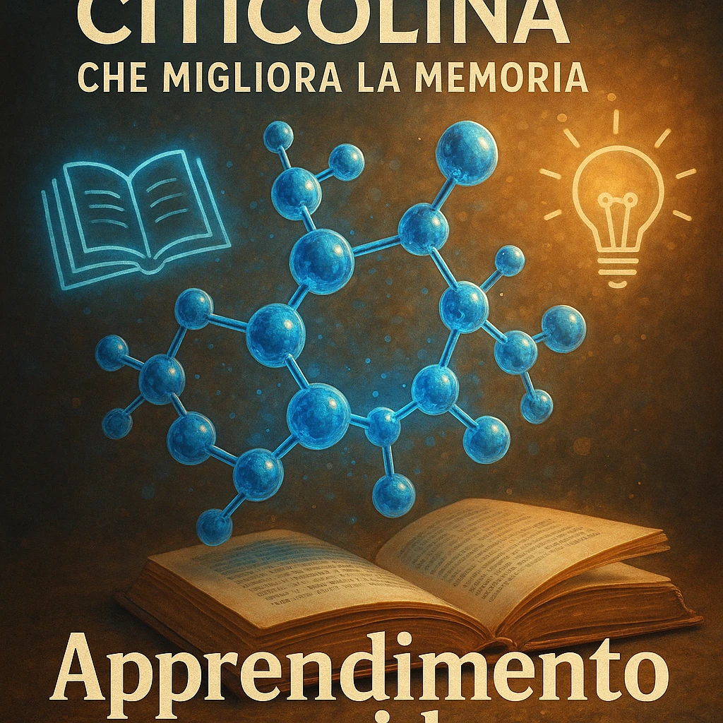 Citicolina che migliora la memoria, iper realistico, molecola blu che attiva simboli di libri e lampadine, scritta 'Apprendimento rapido', atmosfera creativa, dettagli realistici emoji