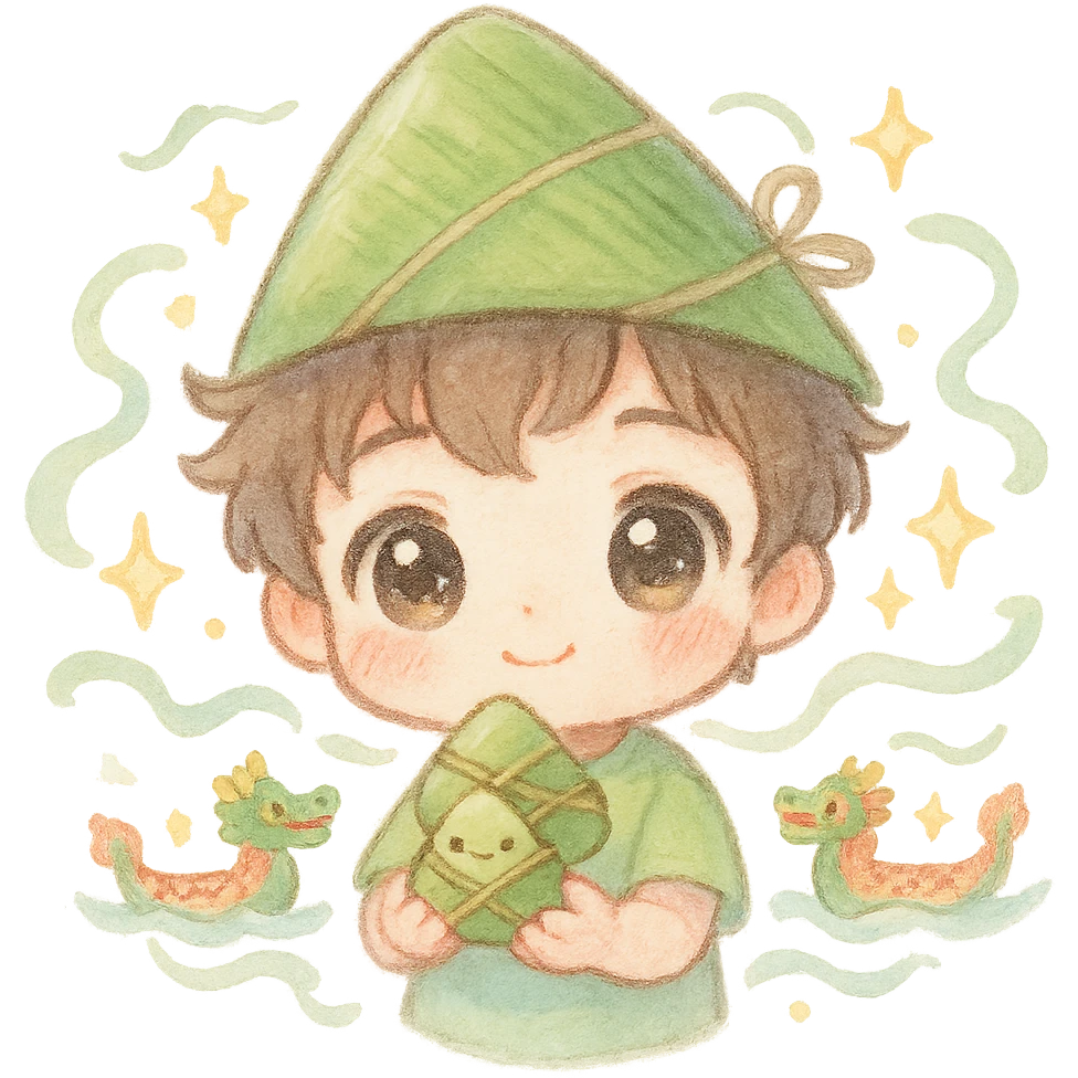 kawaii chibi boy, big sparkling eyes, wearing a zongzi hat, holding a mini rice dumpling, with tiny dragon boats, floating ribbons, star sparkles, soft pastel watercolor, fluffy lines emoji