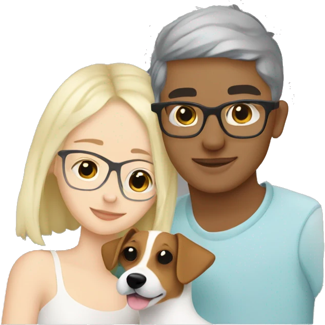 White blonde girl cuddling a jack Russell with her Moroccan boyfriend who have glasses emoji