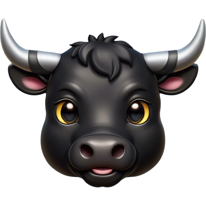 Cinematic Cute Black Bull Portrait Emoji, Head tilted playfully and inquisitively, featuring a glossy, robust black hide with a striking sheen, round, sparkling dark eyes filled with gentle curiosity, Simplified yet irresistibly adorable features, highly detailed, glowing with a warm, friendly glow, high shine, affectionate and imposing, stylized with a touch of rugged charm, bright and endearing, soft glowing outline, capturing the essence of a mischievous yet loving bull, so playful it feels like it could stomp out of the screen and into your arms! emoji