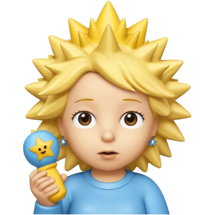 A 3D cartoon close-up of Maggie Simpson, baby from The Simpsons, rendered in Memoji-style with smooth yellow skin, spiky star-shaped hair, blue pacifier, and simple shading. Bright studio lighting, cinematic close-up framing consistent with Bart, Marge, Homer, and Lisa. emoji