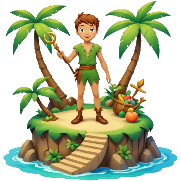 Still life, hyperrealism, highly detailed, vividly colored, Peter pan, on the whimsical, mythical island  4D rendering  emoji
