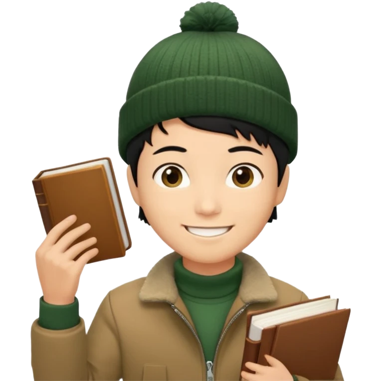 asian, tan skin, non binary asian man with pixie cut black hair, wearing brown jacket and dark green beanie, smiling , holding up books  emoji