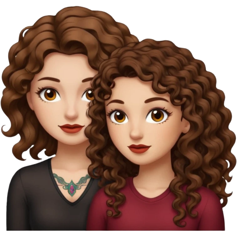 pact wink — long wavy brown hair tattooed woman and short tight curly brown hair woman — secret look emoji