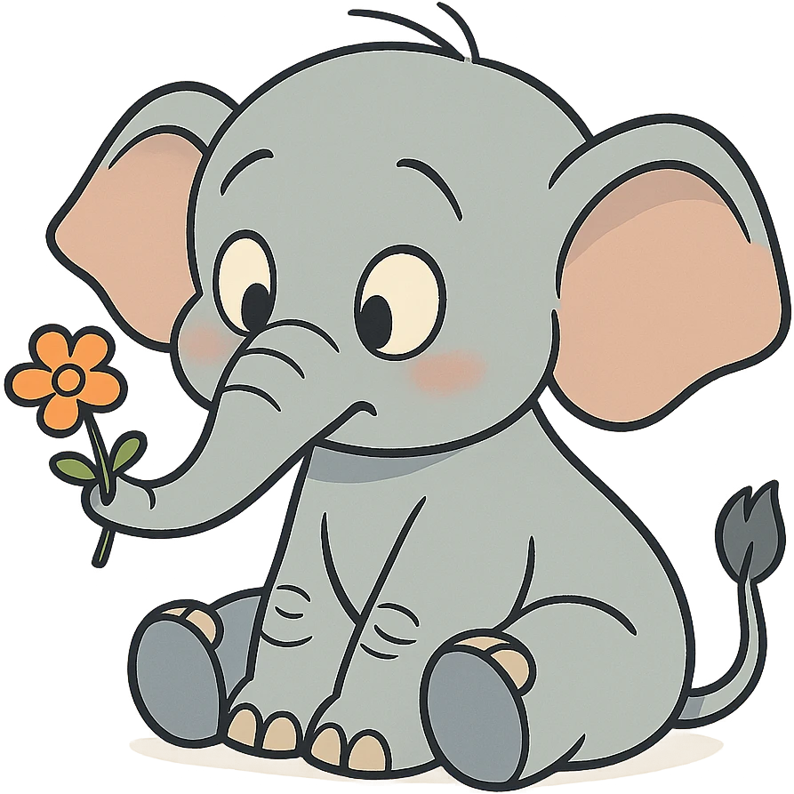 baby elephant holding a small flower in flat toon style emoji