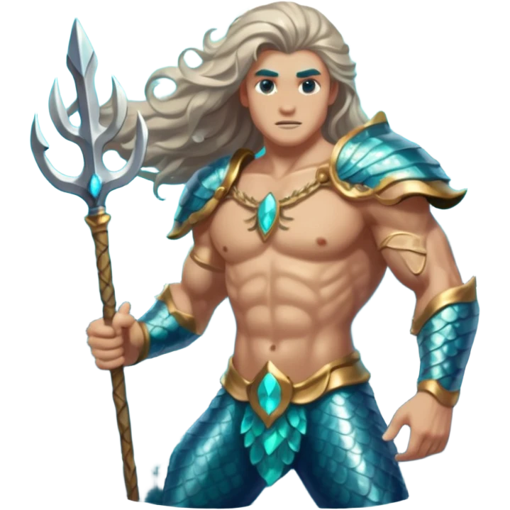 portrait of a muscular merman warrior with dark aqua scales, silver armor pieces on shoulders and arms, holding a glowing trident, stern expression, long flowing hair, underwater battle stance emoji