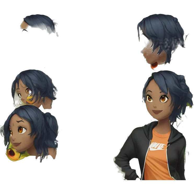 Lady with brunette and iridescent blue hair, gold, lime green dragon wings, black hoodie, bleach dyed, black and gold Nike t shirt, and bright red eyes emoji