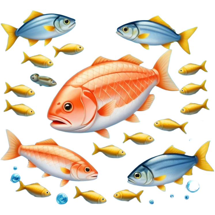 Golden omega-3 capsule beside several fatty fish (salmon, sardines), walnuts, and green leafy vegetables, all floating in blue waters near a glowing brain. Blue waves connect these omega-rich foods to the brain and heart, showing their health benefits. emoji