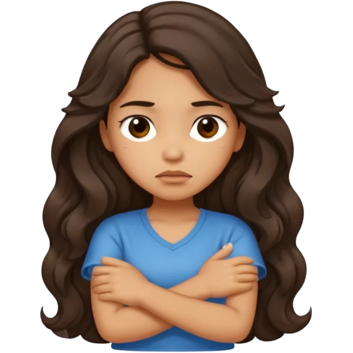 Hispanic tan ish girl with long dark wavy hair crossing her arms and slightly pouting emoji