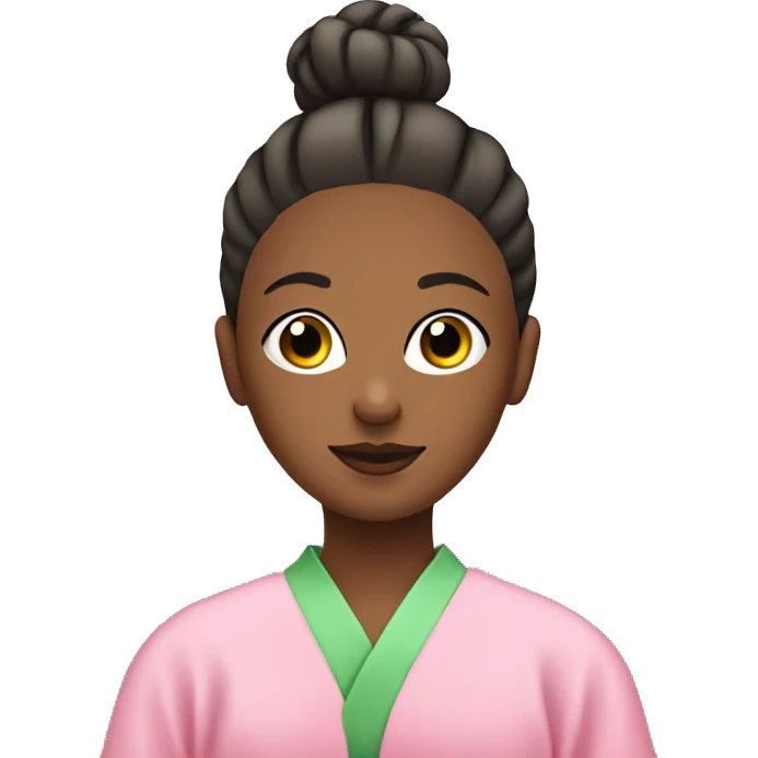Girl with a bun and a pink robe with a green face mask on emoji