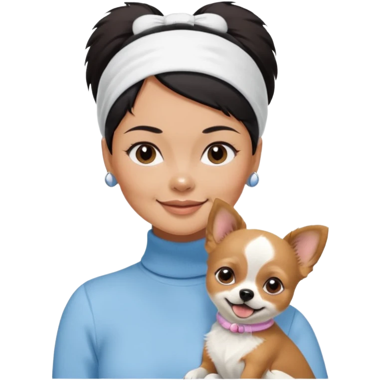 tan skin woman, with short black hair in a slicked back ponytail with forehead showing, with white headband, wearing solid pastel blue turtleneck shirt, smiling carrying dark brown-white furry fuzzy chihuahua pomeranian dog emoji