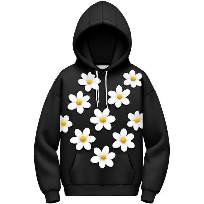 "Design a black hoodie adorned with scattered, medium-sized black and white flowers. Each flower should consist of a bold, thick white ring forming the petals, with a completely hollow center, creating an open, circular look. The flowers should have an irregular, asymmetrical shape and be evenly distributed across the hoodie, including the sleeves and hood. Keep the design minimalistic—no detailed petals, shading, or filled centers, just simple, bold, hollow ring-like floral patterns." emoji
