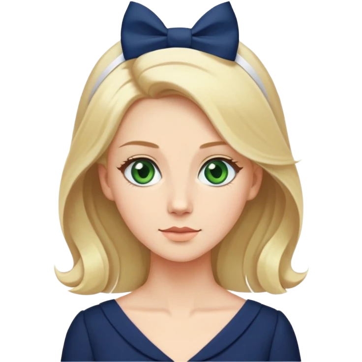 Blond hair green eyes navy blue dress with a white bow in her hair and is tall  emoji