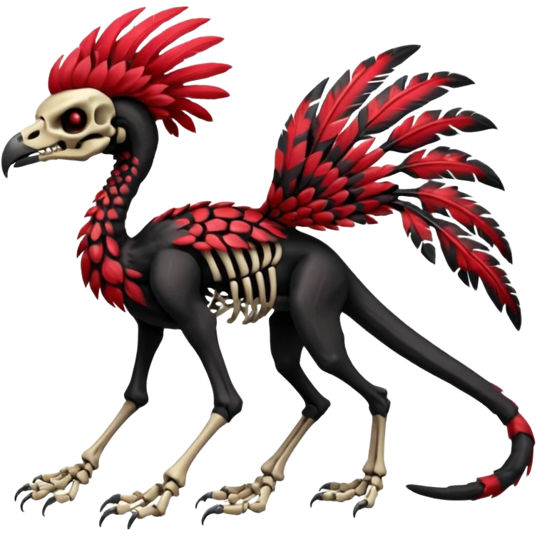Rare realistic dark edgy tropical tribal patterned red-feathered skeletal badass epic handsome gorgeous aesthetic colorful vibrant black-skulled Vernid-Trico-species-Fakemon-creature by LiLaiRa, 4 legs, 1 tail, random markings, (full body) emoji