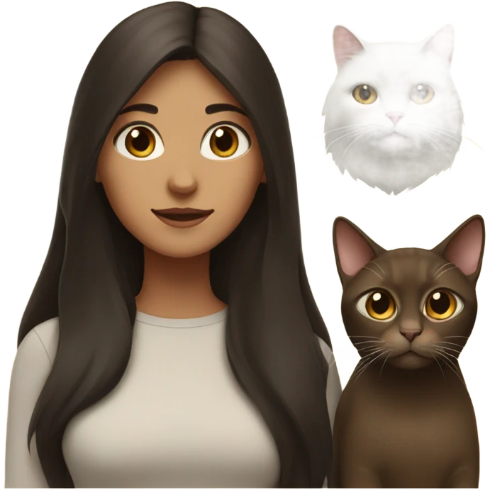 a girl with long dark hair with one brown cat and white cat with her emoji
