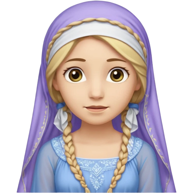 
mujer, Joven, de aspecto dulce y elegante.
Piel clara, ojos grandes y expresivos, sonrisa triste.
Rubio o castaño claro, largo, con trenzas o velo.
Vestido largo de tonos suaves (blanco, azul o lavanda), con bordados dorados; toca fina cubriendo la cabeza. cuerpo entero
 emoji