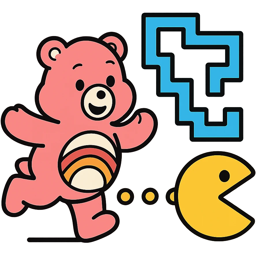 Care Bears and Pacman escaping from a pixelated maze, 80's video game style emoji