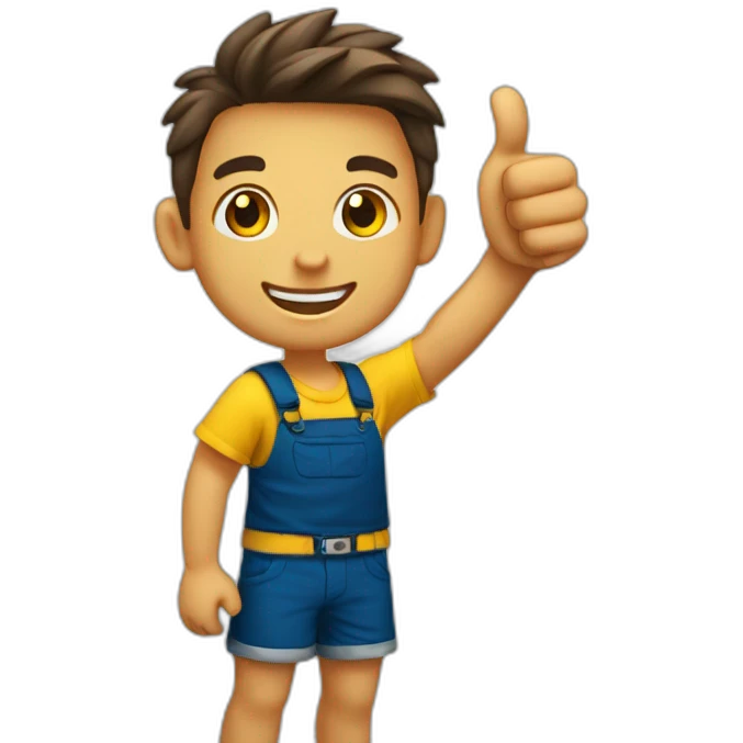happy tan kid with yellow shirt and dark blue shorts thumbs up emoji