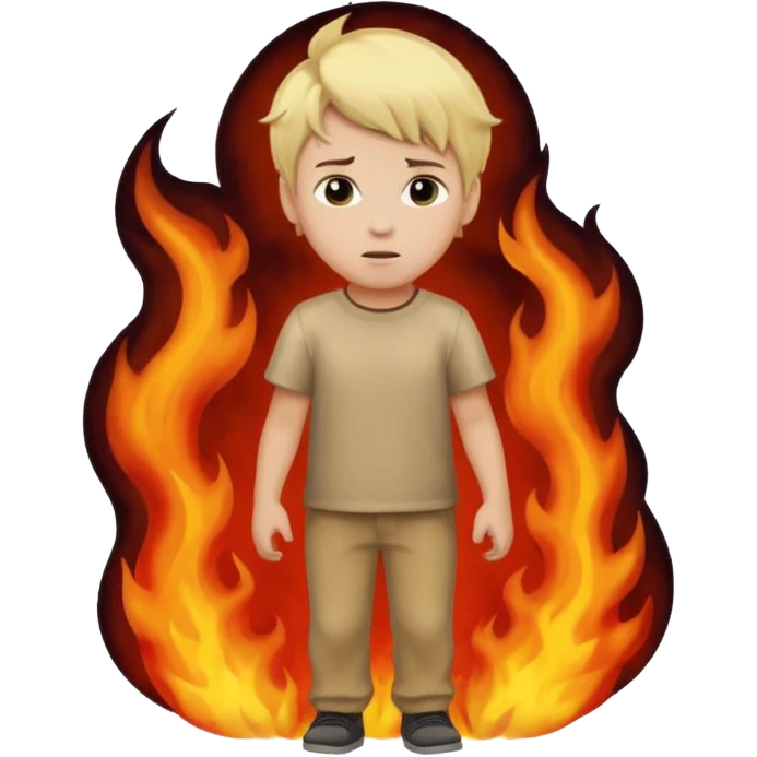 Blond boy from behind walking out of hell, flames and smoke in the background emoji