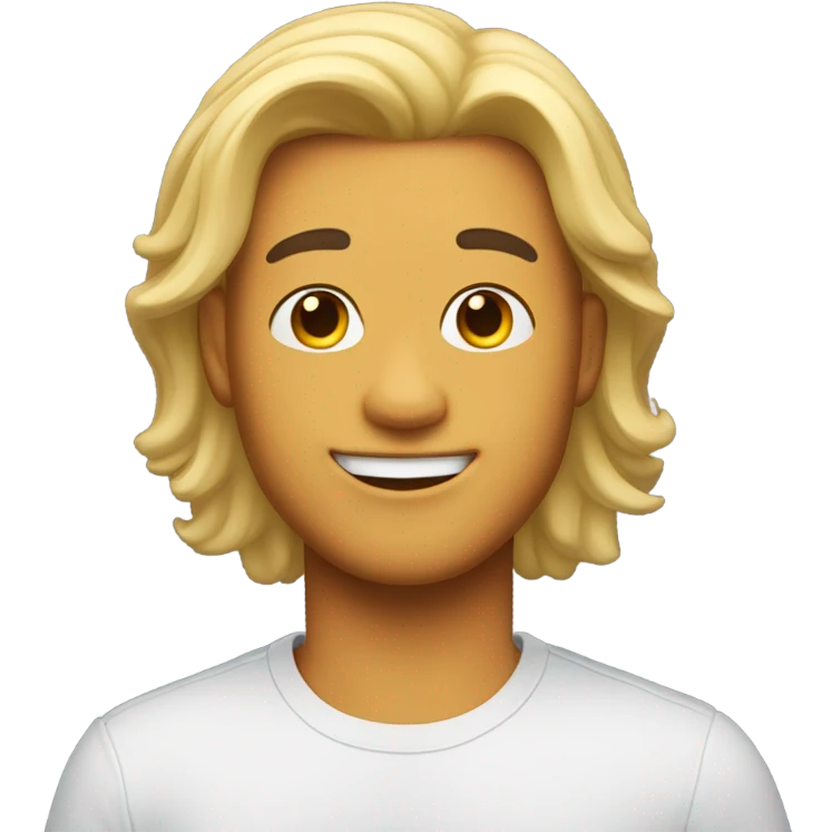 A whimsical digital portrait: a vibrant, expressive Animoji of a 22-year-old male with flowing, shoulder-length black hair style against a stark white background emoji