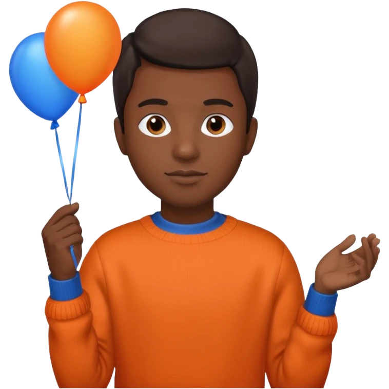 dark brown skin, orange sweater, hold blue balloon emoji