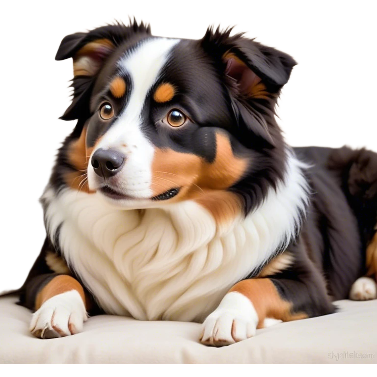 Cinematic Meme-Worthy Chubby Sleeping Tri-Color Australian Shepherd Portrait Emoji, Head resting peacefully with a contented smile, showcasing a delightfully chubby build and a luxuriously soft tri-color coat of bold black, crisp white, and warm tan, eyes shut in a serene nap, Simplified yet hilariously adorable features, highly detailed, glowing with a soft, drowsy light, high shine, relaxed and utterly lovable, stylized with an air of playful laziness, bright and heartwarming, soft glowing outline, capturing the essence of a comically sleepy Tri-Color Australian Shepherd, so meme-worthy it feels like it could instantly become the next viral sensation of adorable slumber! emoji