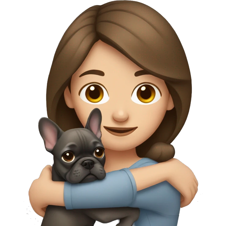 brown hair woman hugging dark gray french bulldog emoji