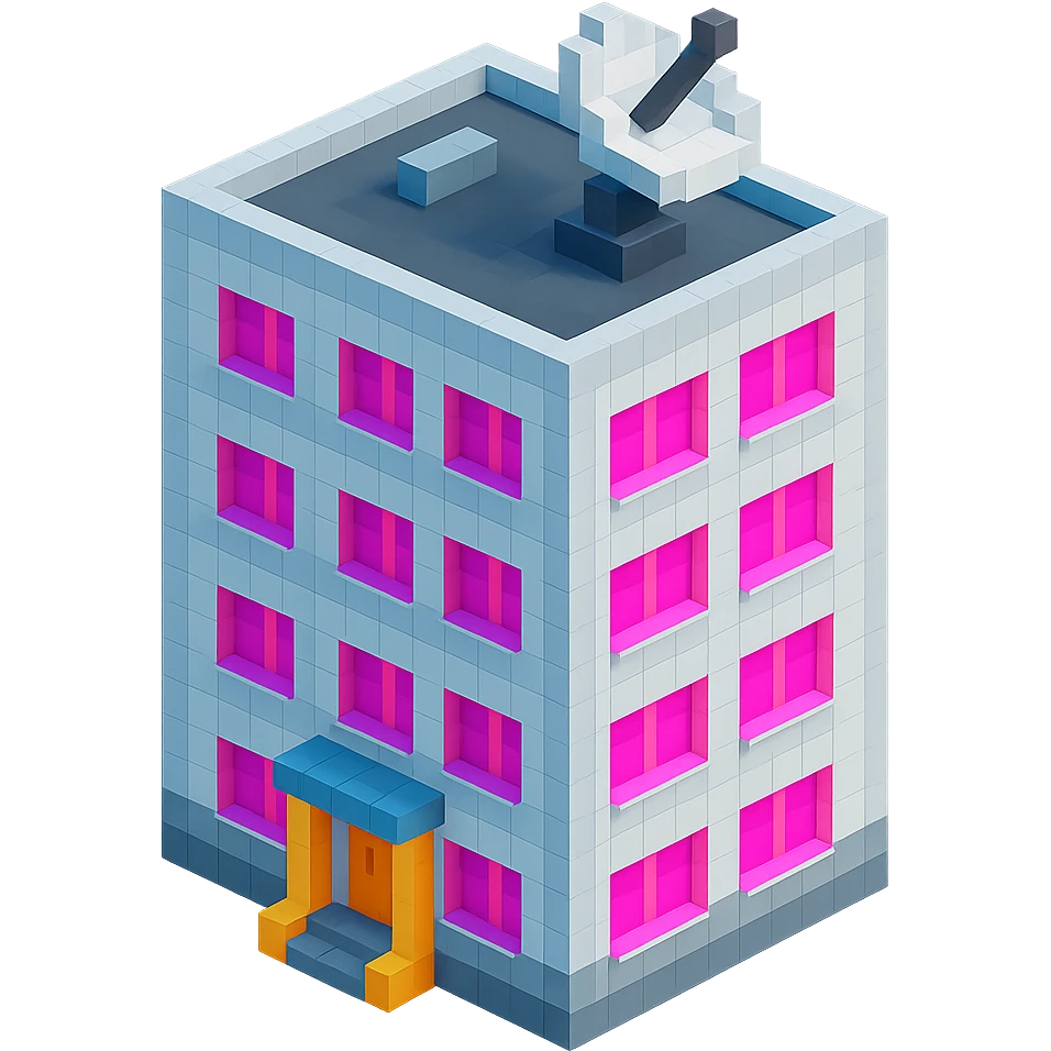 modern Russian panel apartment building, square block, light gray, bright pink windows, detailed entrance, large satellite TV dish on roof, isometric view emoji