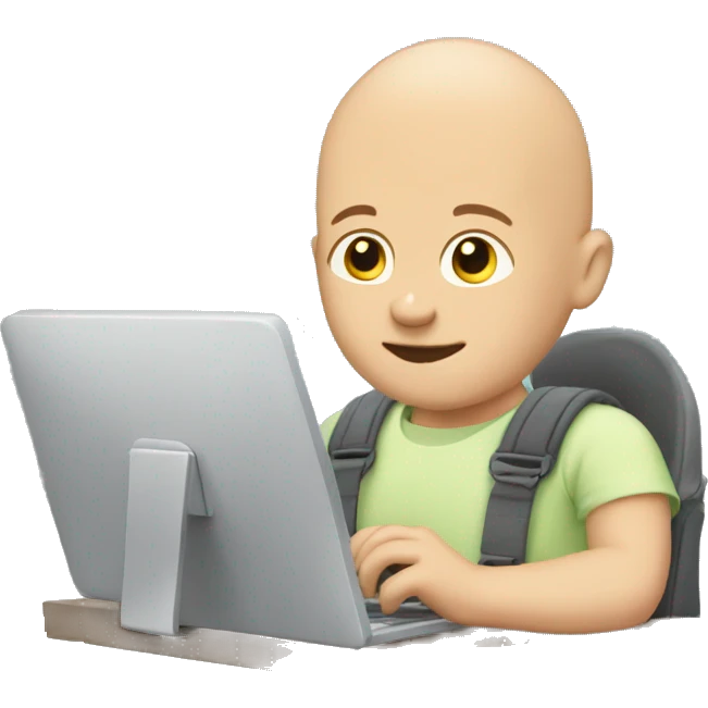 bald man wearing a baby in a baby carrier typing on computer emoji