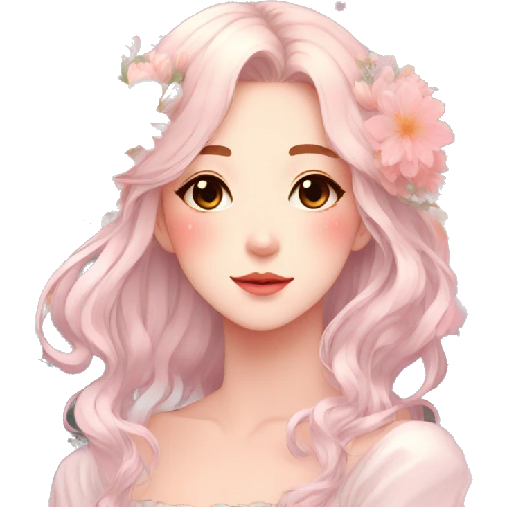 Gorgeous pastel anime style lady with blushing face and flowers aesthetic trending style emoji