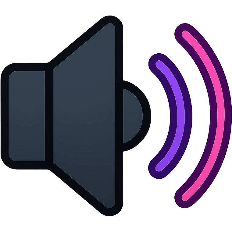 speaker with sound waves, elegant dark metal with subtle glow, waves in purple to pink gradient with neon effect emoji